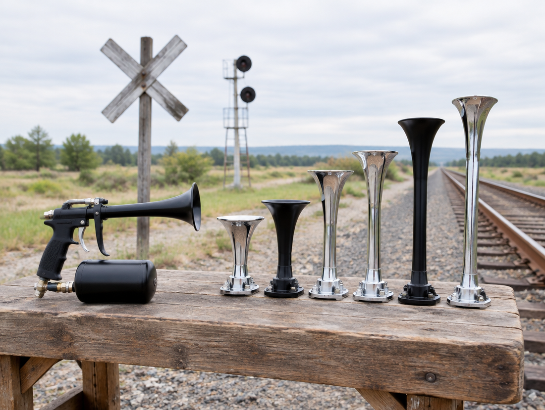 Horn trumpets of different lengths and a handheld horn gun on a workbench beside railway tracks under a bright overcast sky.