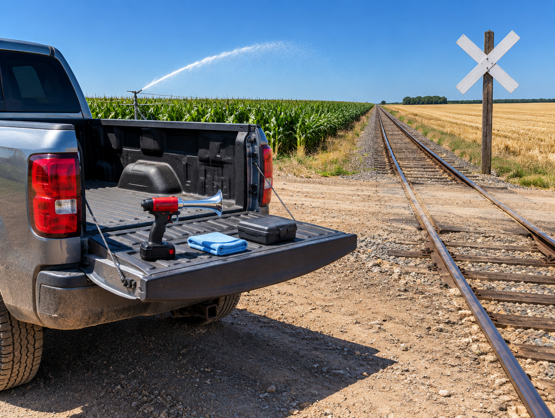 Train horn gun with a red battery on a pickup tailgate at a sunny farm railway crossing between fields