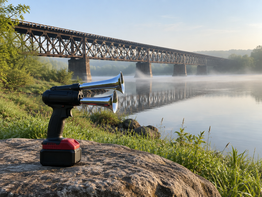 A compact two-trumpet horn gun with a red battery rests on a riverside rock below a steel trestle railway bridge.