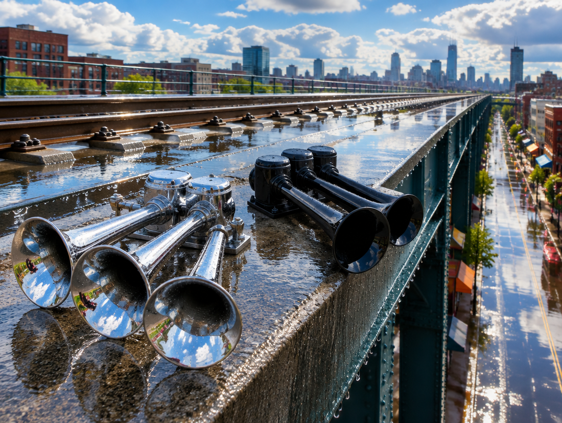 Chrome metal and black plastic train horn trumpets on a wet ledge beside elevated viaduct tracks after rain.