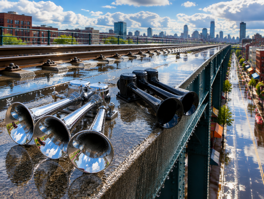 Chrome metal and black plastic train horn trumpets on a wet ledge beside elevated viaduct tracks after rain.