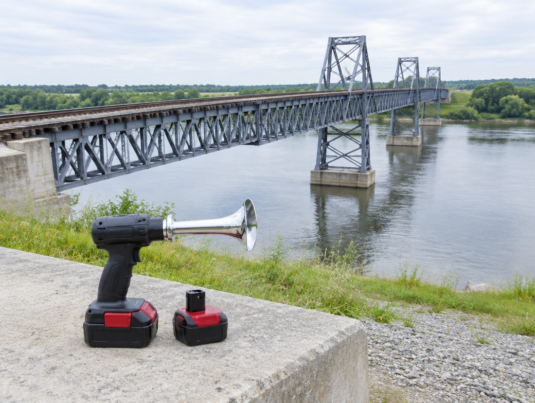 A cordless train horn gun with a red battery pack on a concrete abutment beside a steel trestle bridge over a river.