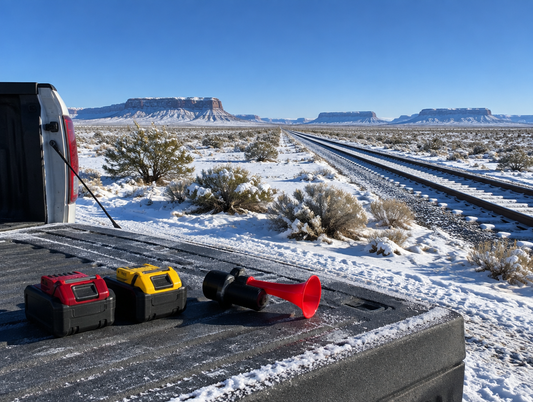Red and yellow cordless batteries beside an air horn on a pickup tailgate by a snowy desert railway under blue sky