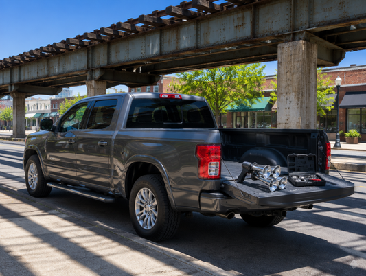 A clean pickup truck parked under a sunlit elevated rail viaduct, a five-trumpet horn gun resting on its tailgate.
