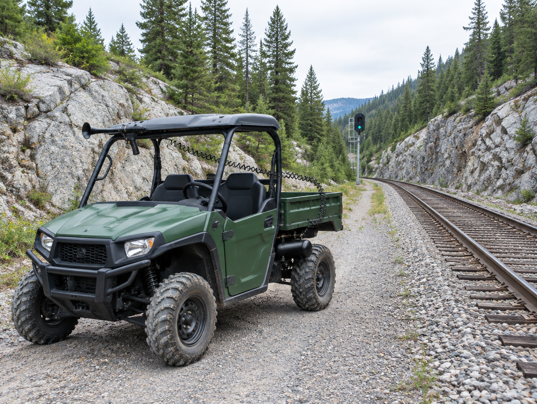 A green UTV with a train horn gun mounted on its roll cage, parked beside a mountain railway in a rocky pine cutting.