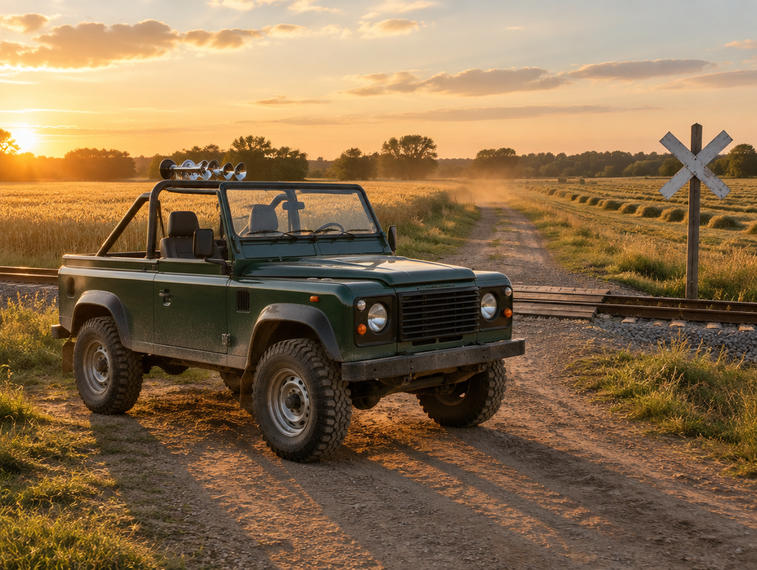 An open-top 4x4 with a train horn on its roll bar, parked at a farm railway crossing in golden evening light.