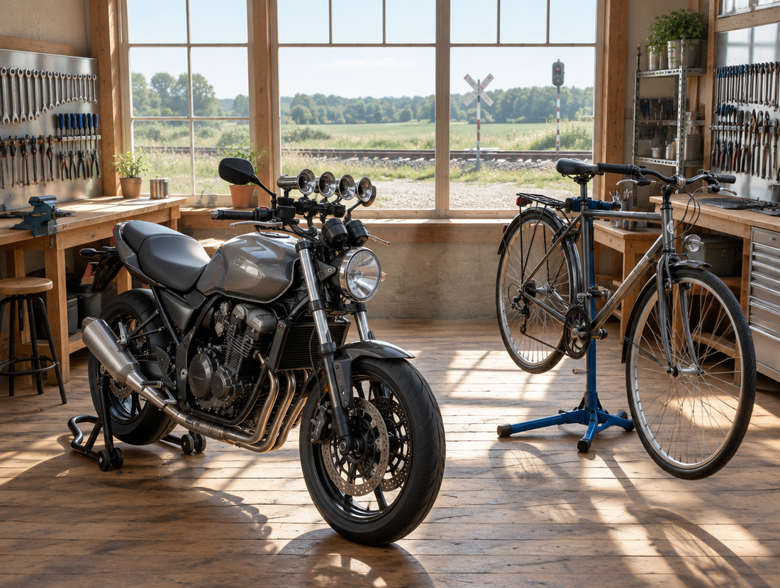 Sunlit workshop with a motorcycle and bicycle, a horn gun on the handlebar, and a rail crossing outside the window