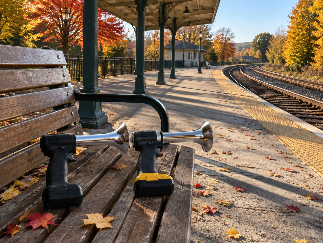 Two handheld train horn guns on a sunny station bench with autumn trees, a canopy and rails beside the platform.