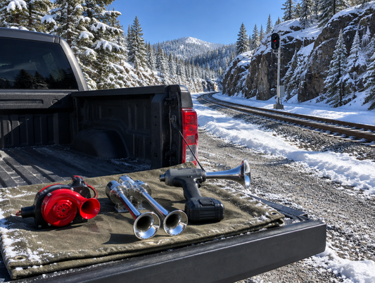 Three different train horns on a pickup tailgate beside a snowy mountain railway curving through a rocky cutting.