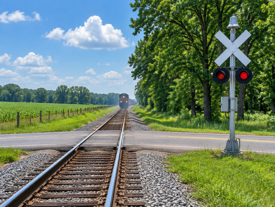 A rural railroad crossing with a crossbuck and signal mast under a bright summer sky, a distant locomotive on the track.