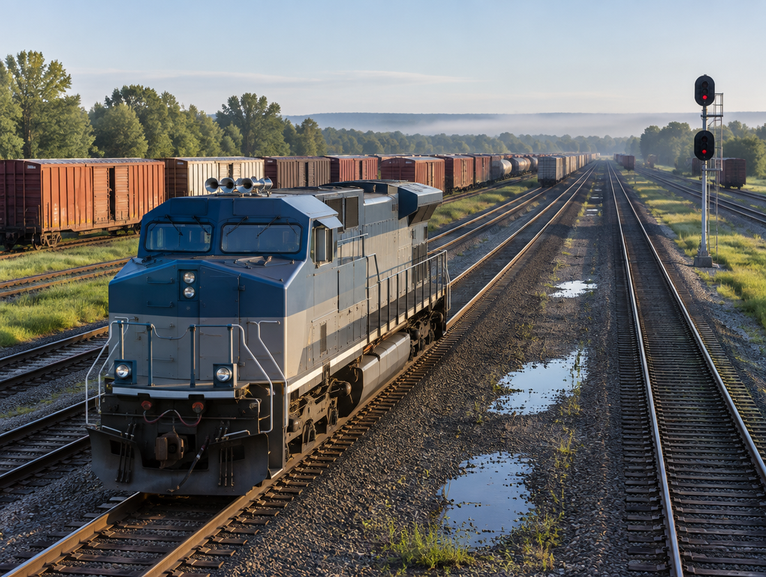 Wide view of a freight yard at dawn, with parallel tracks, rows of boxcars and a locomotive's roof-mounted air horn.