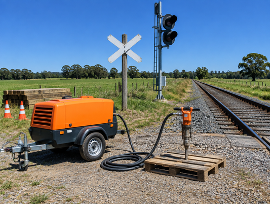 A pneumatic drill and air compressor beside the rails at a sunny rural level crossing with a crossbuck and signal mast.