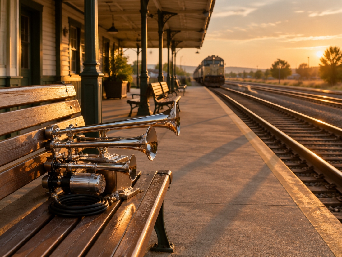 A chrome triple-trumpet air horn set on a station bench at golden hour, with rails and a canopy behind it.