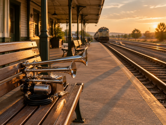 A chrome triple-trumpet air horn set on a station bench at golden hour, with rails and a canopy behind it.