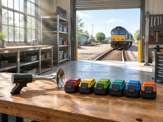 Sunlit railway workshop with a horn gun and six coloured cordless tool batteries on a bench, door open to the track