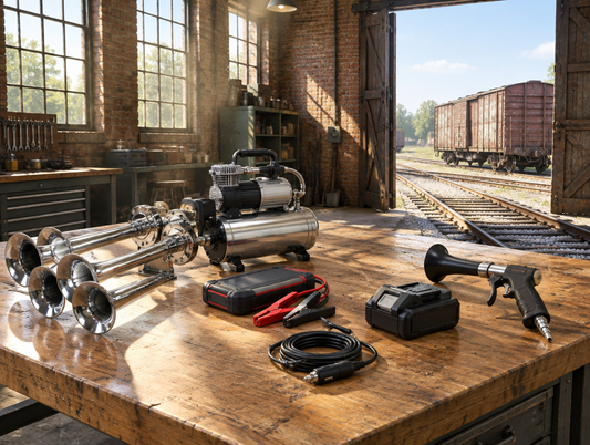 Sunlit railway shed workbench with a train horn, air compressor, jump starter and cordless battery, boxcar outside.