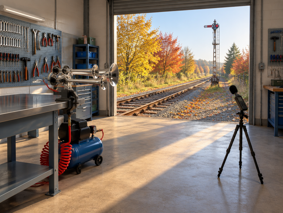 A chrome train horn clamped to a workbench in a tidy railway workshop, roller door open onto track and autumn trees.