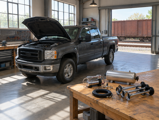 Sunlit workshop with a heavy-duty pickup, an air horn kit laid out on a wooden bench, and a boxcar on a siding outside.