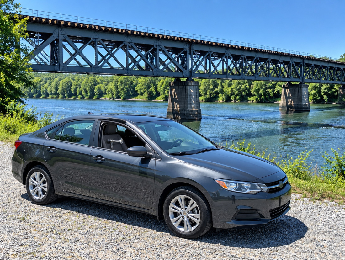 A dark grey sedan parked by a river below a steel trestle rail bridge, a handheld air horn on its passenger seat.