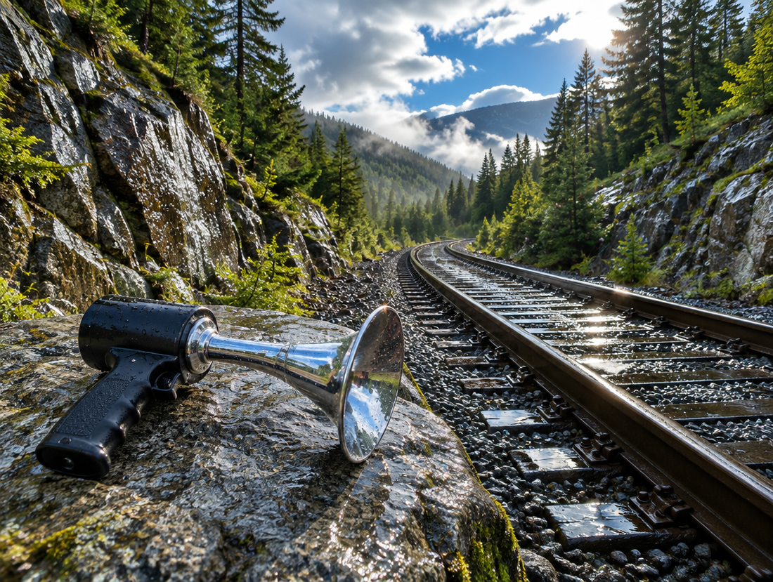 A handheld train horn gun sits on a wet boulder beside a mountain railway cutting after rain, with pine forest around it.