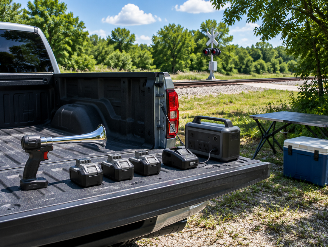 Pickup tailgate with a train horn tool, spare batteries and a charger beside a railway crossing on a sunny day.