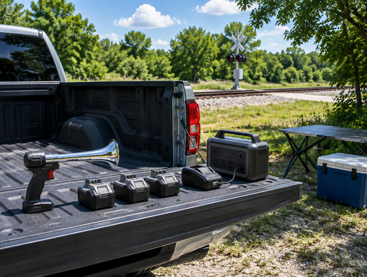 Pickup tailgate with a train horn tool, spare batteries and a charger beside a railway crossing on a sunny day.