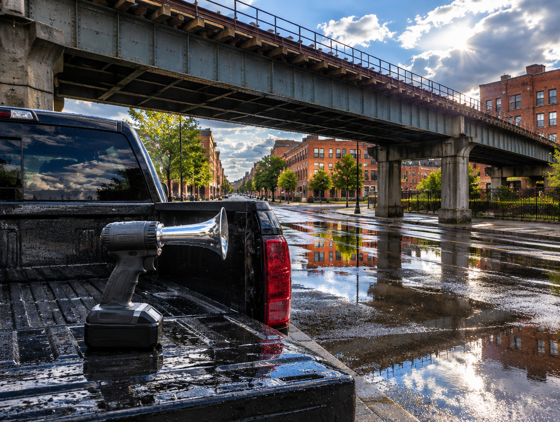 A handheld train horn gun with a cordless battery sits on a wet pickup tailgate beneath a city railway viaduct after rain.