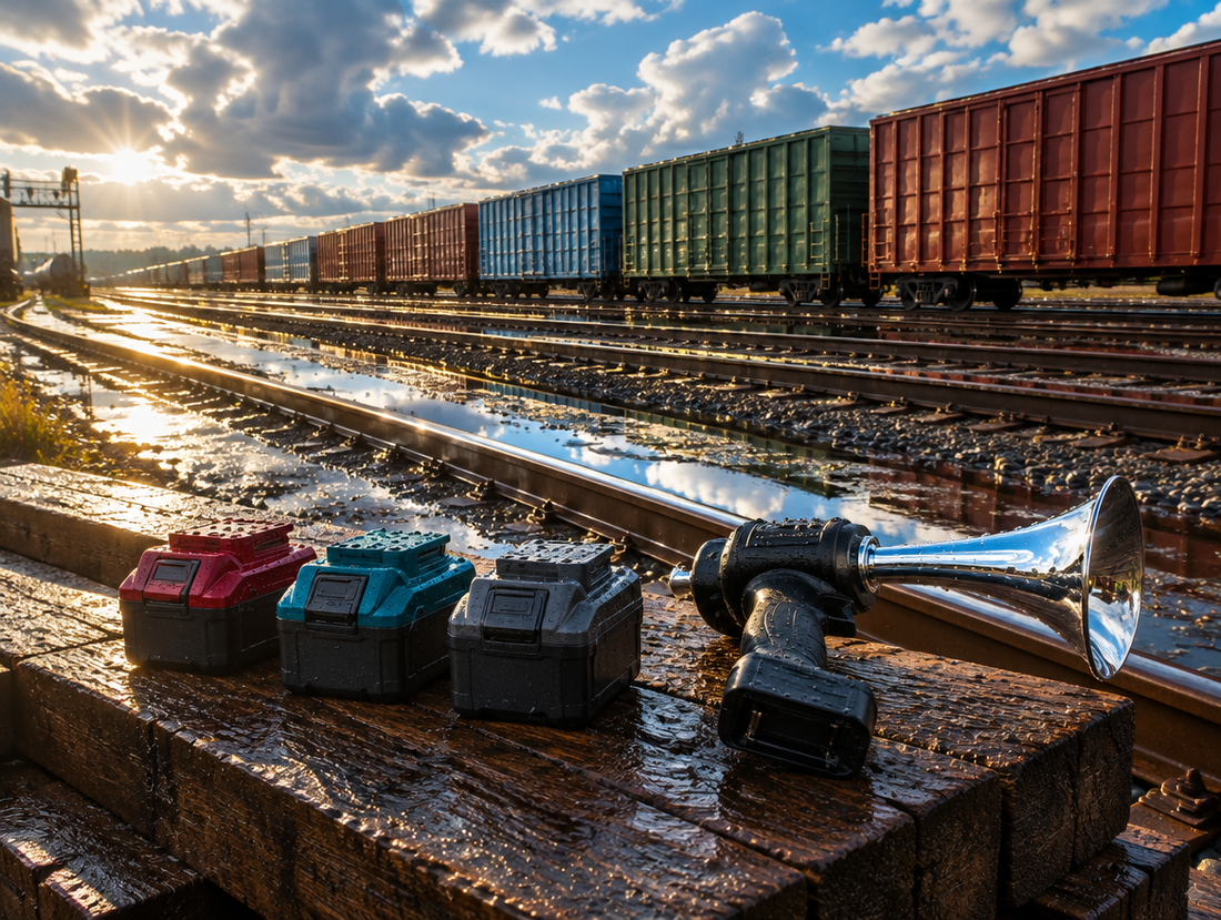 Three coloured cordless tool batteries and a chrome horn gun on sleepers in a wet freight yard with boxcars behind.