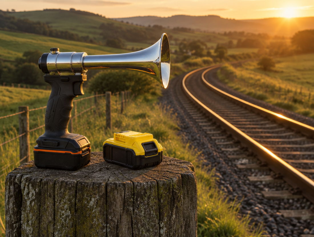 Chrome cordless horn blaster and two tool batteries on a fence post beside a curving track in the hills at sunset