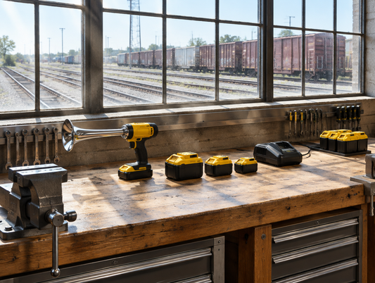 Cordless train horn gun and battery packs on a sunlit wooden workbench, with a freight yard seen through the windows