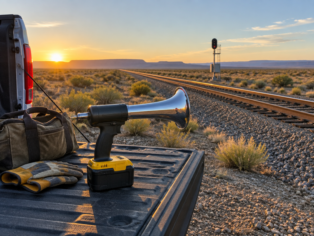 A cordless train horn gun with a yellow battery on a pickup tailgate beside a desert railway at golden hour
