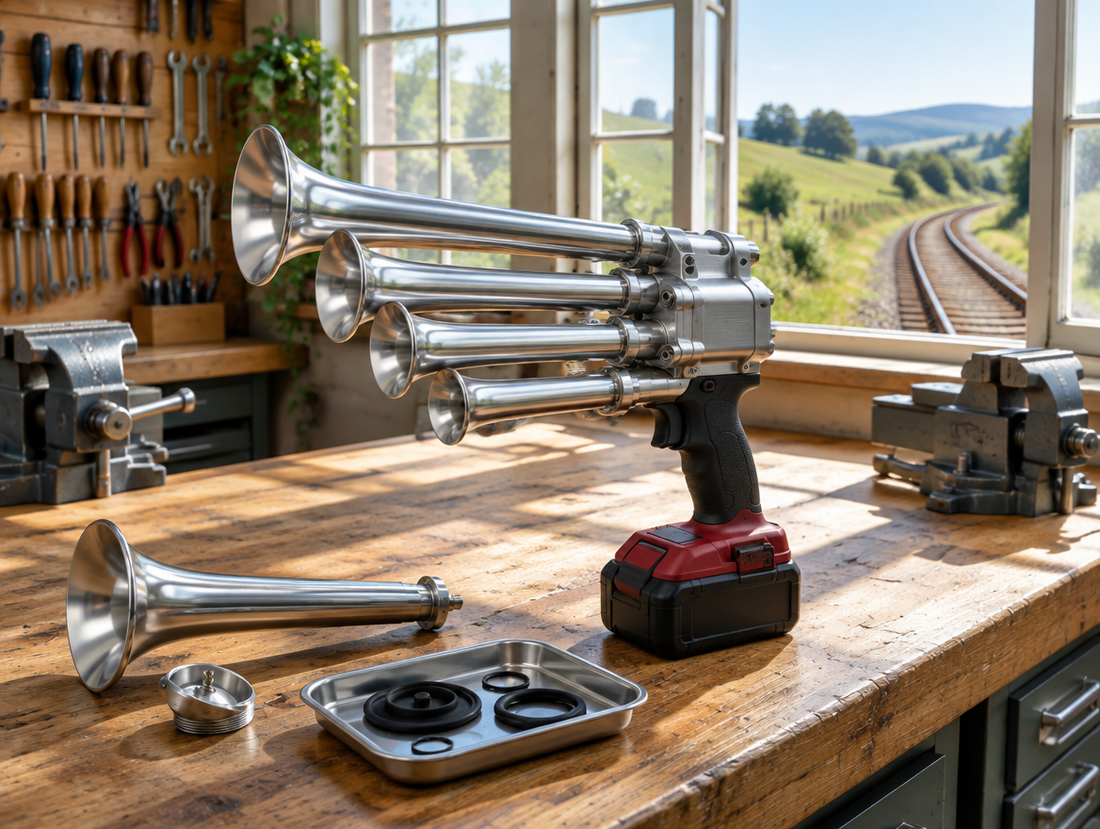 A five-trumpet horn gun with a red battery on a sunlit wooden workbench, with a curving railway visible through the window.