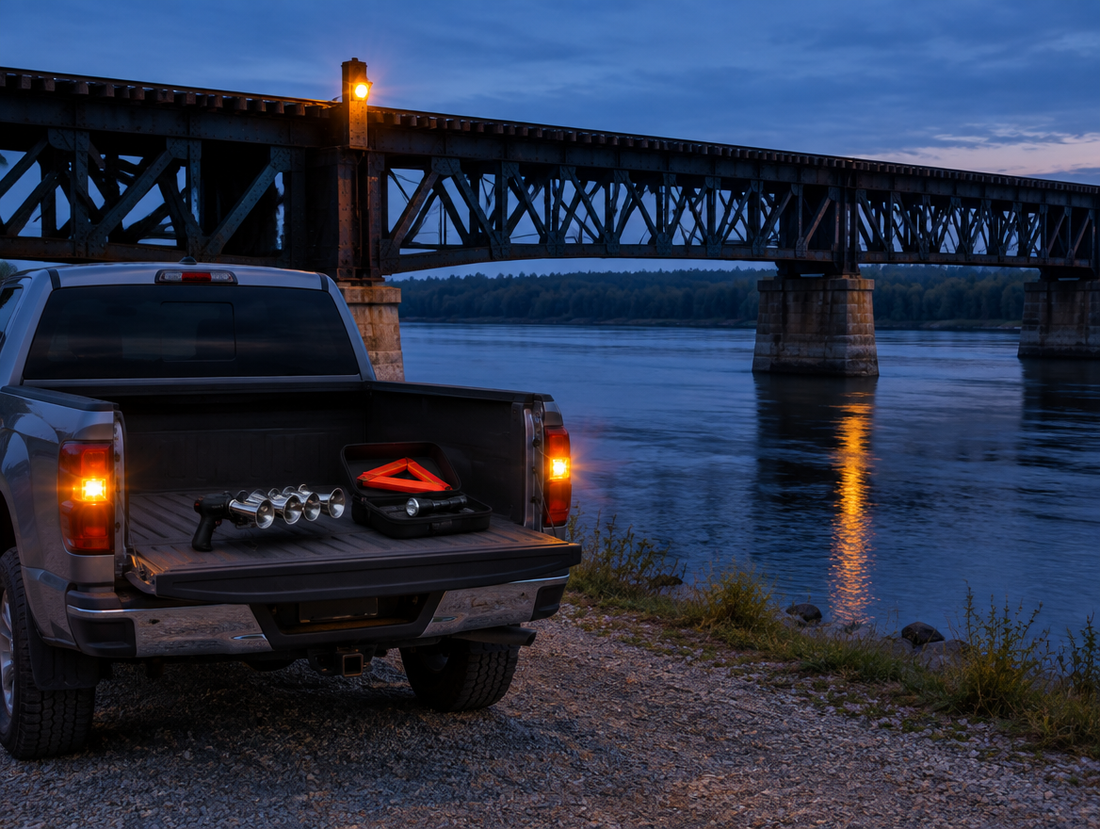A pickup with hazard lights on sits beside a steel railway trestle over a river at dusk, a horn gun on its tailgate.