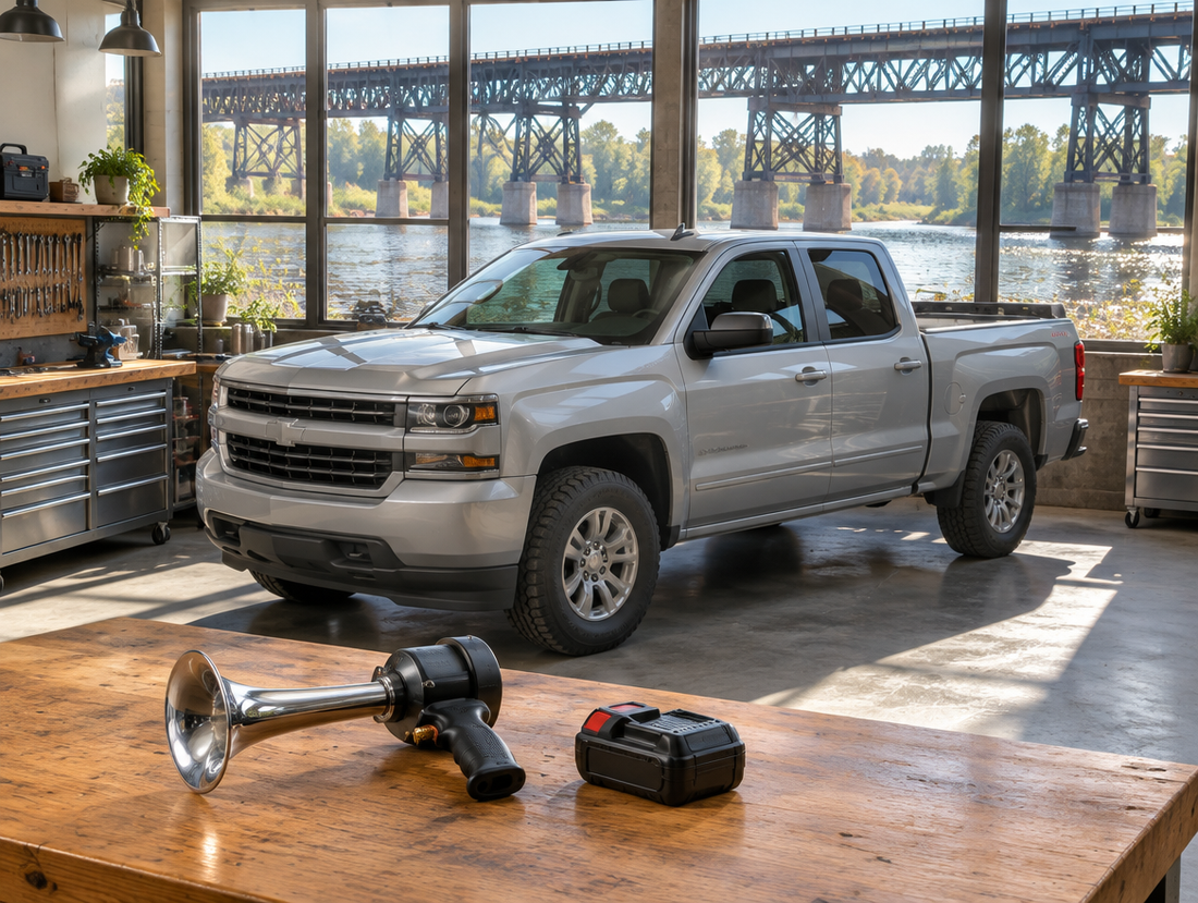 A clean pickup truck in a sunlit workshop, a battery horn gun on the bench and a steel railway trestle outside.
