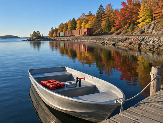Jon boat at a coastal dock with a handheld air horn on its seat, a freight train and autumn trees behind it.