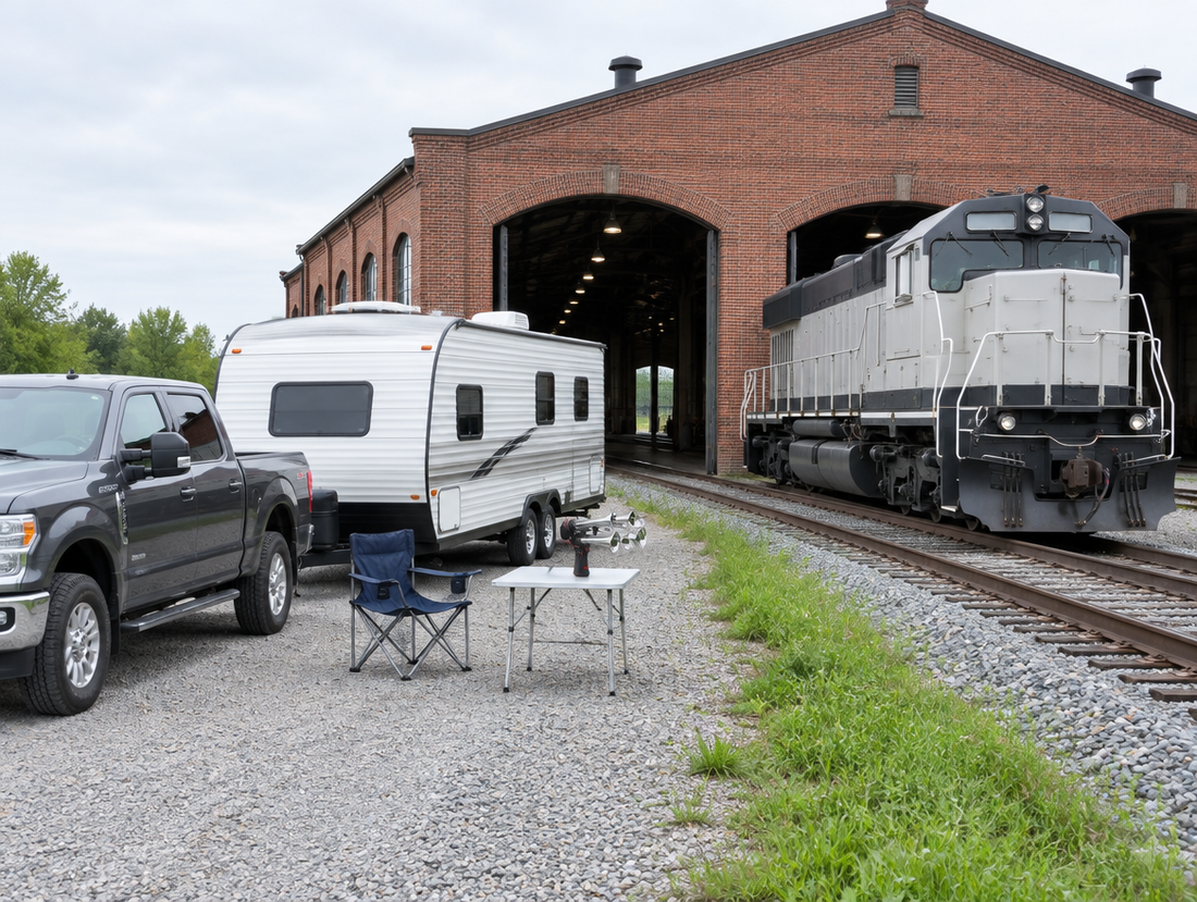 A travel trailer and pickup parked by an old brick engine shed with a locomotive on the track outside.