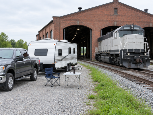 A travel trailer and pickup parked by an old brick engine shed with a locomotive on the track outside.