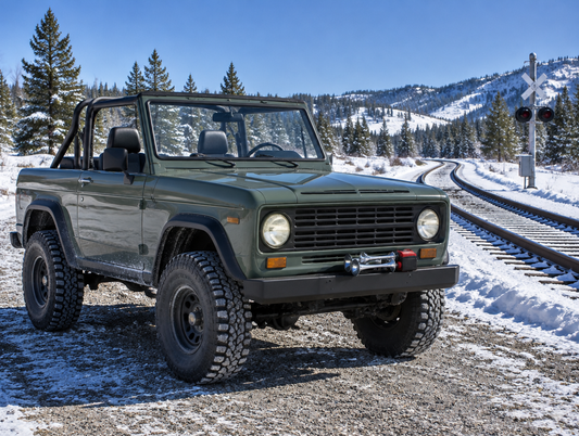 A boxy open-top 4x4 parked beside snowy railroad tracks, with a battery-powered horn gun resting on its front bumper.