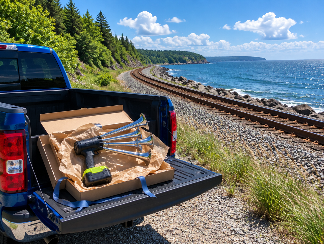 A four-trumpet train horn gun in a gift box on a pickup tailgate beside a coastal railway on a sunny day.