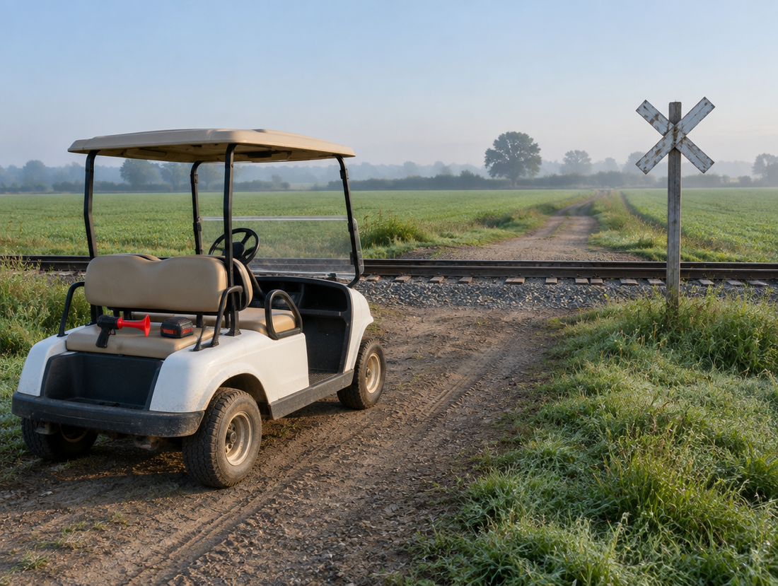 A clean golf cart stopped on a dirt farm track by a rail crossing with a crossbuck, green fields around it in morning haze.
