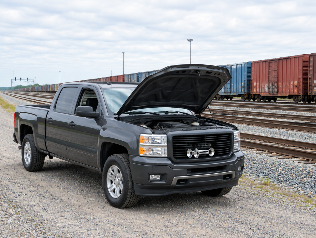 A pickup truck with train horns and an open hood, parked on gravel beside freight yard tracks lined with boxcars.