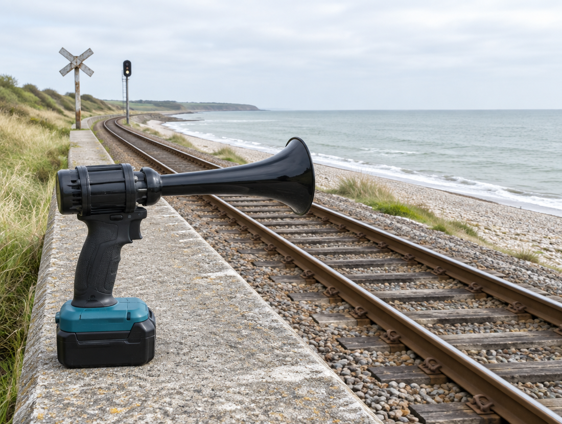 A battery train horn gun rests on a sea wall beside a coastal railway track under a bright overcast sky.