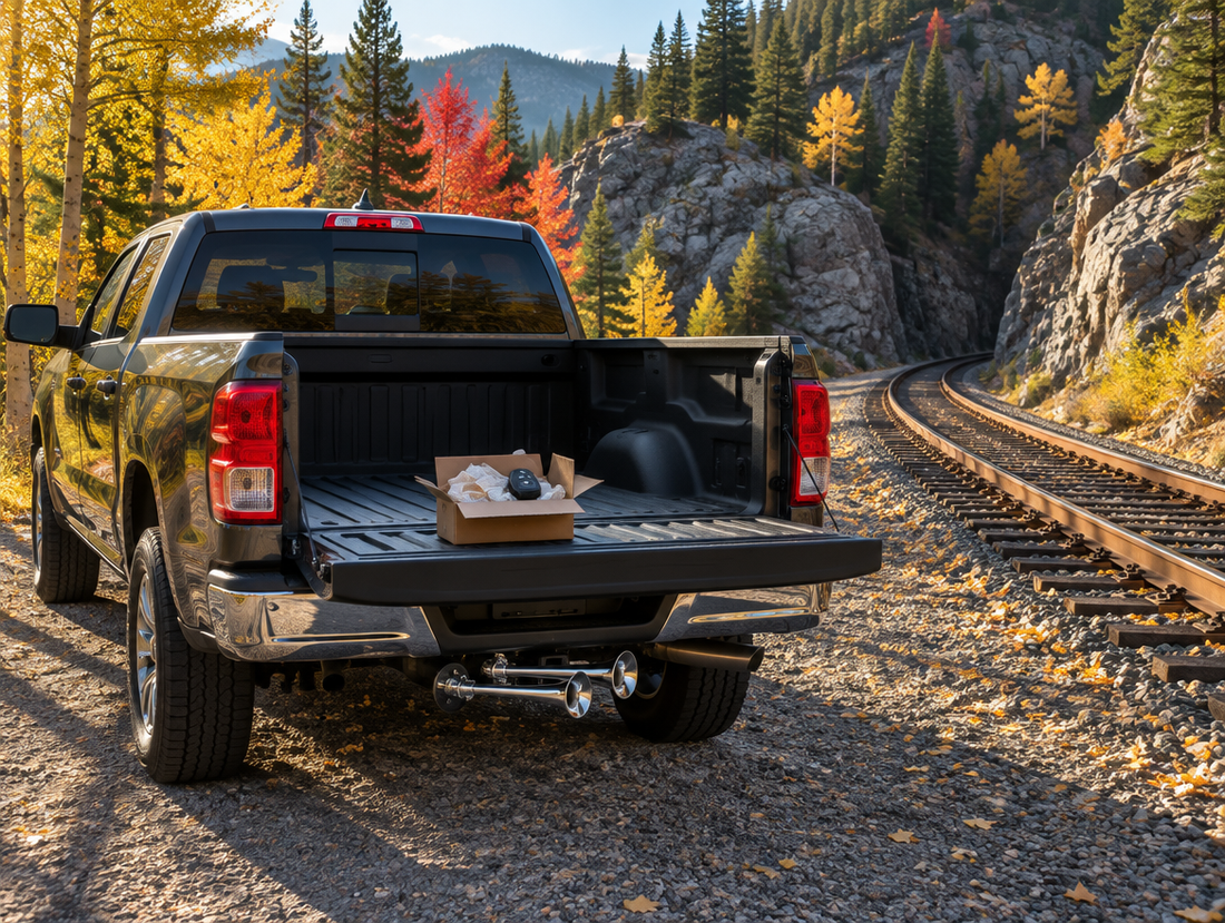 Pickup with a chrome train horn parked beside a mountain rail cutting in autumn, a new remote in a box on the tailgate