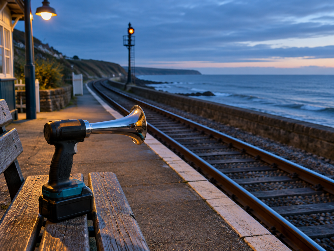 A cordless train horn gun with a teal battery on a bench beside a seaside railway platform at dusk.