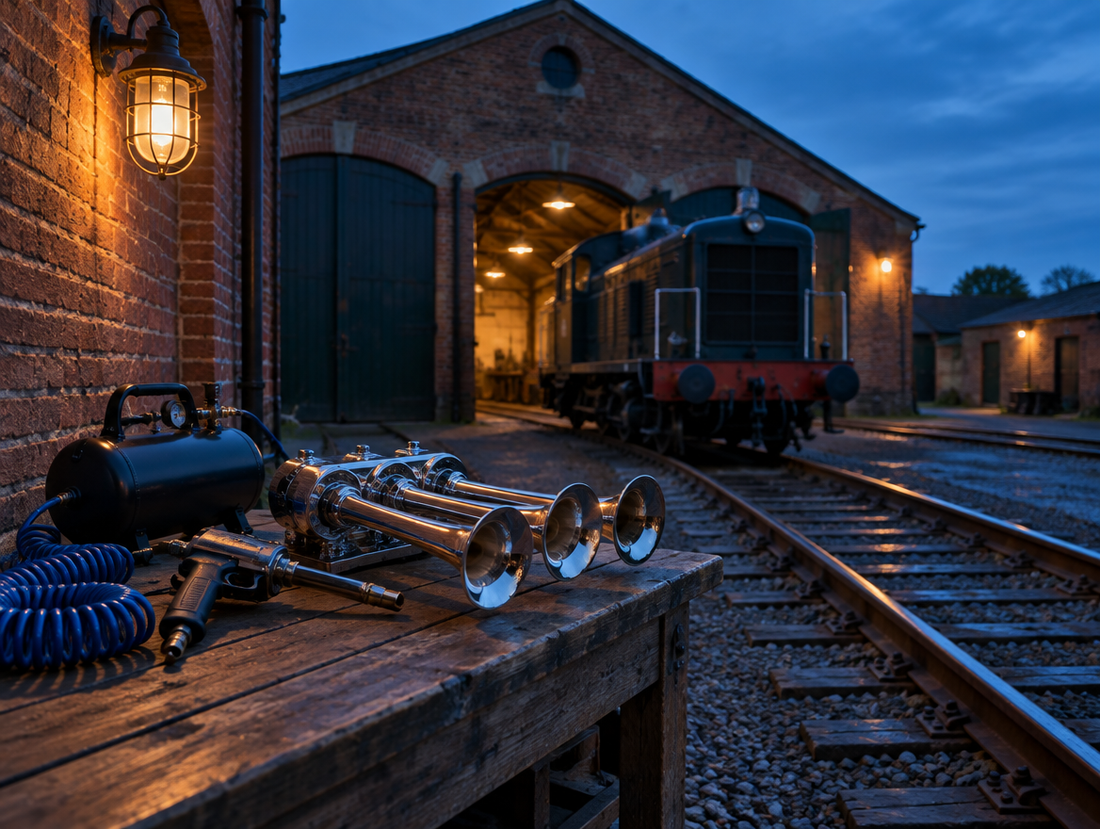 Chrome train horn trumpets and a handheld air horn gun on a bench outside a brick engine shed at dusk, locomotive behind