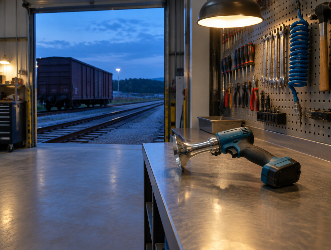 A cordless horn gun rests on a lamp-lit workbench in a railway workshop, its door open onto track at dusk.