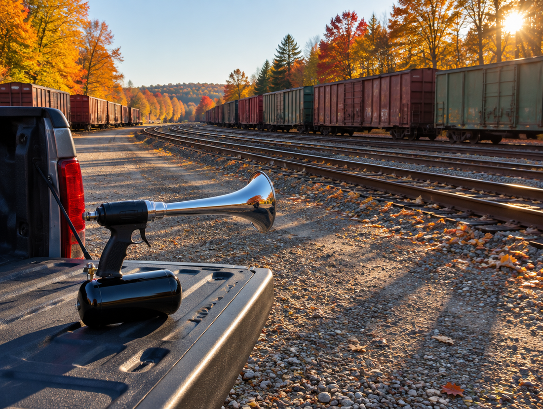 A chrome handheld air horn on a pickup tailgate beside a freight yard of boxcars and autumn trees