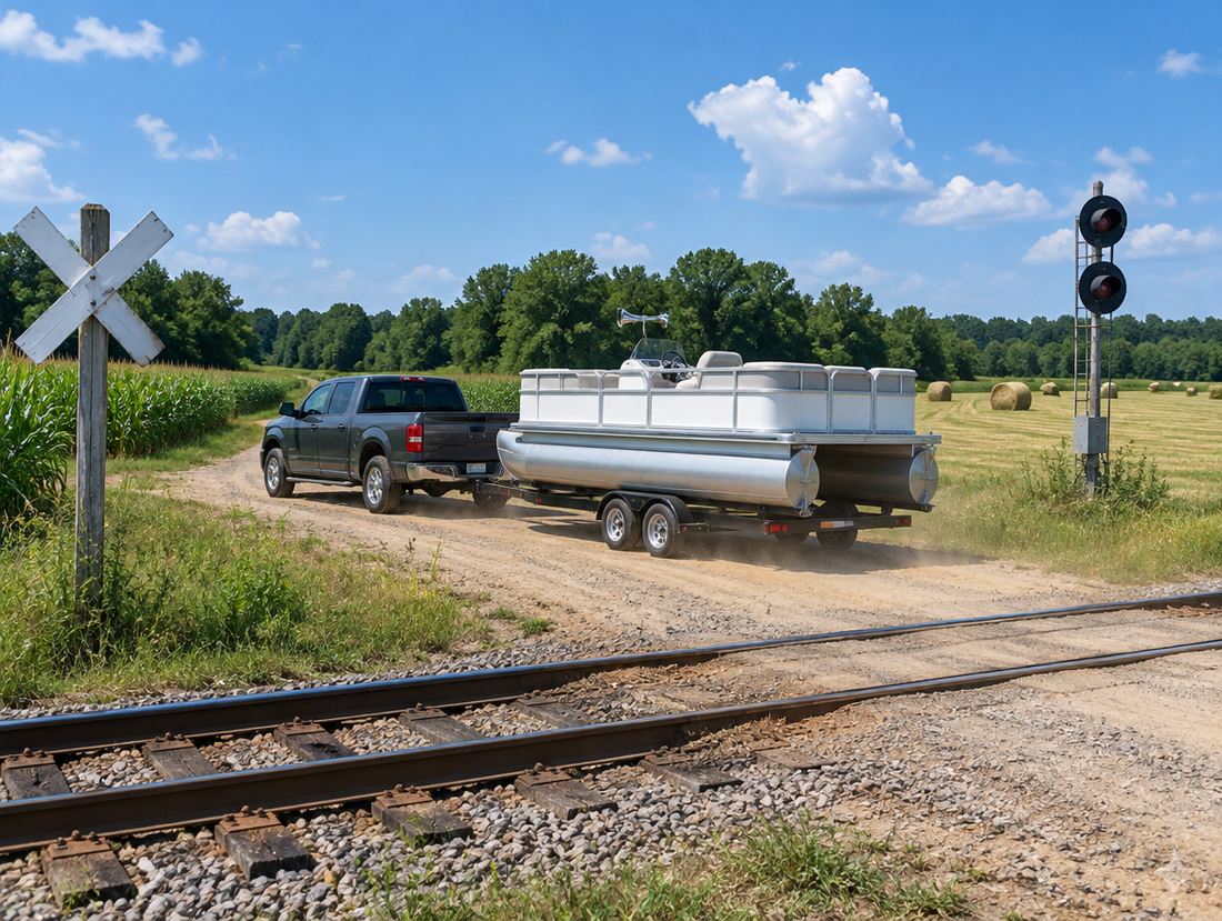Pontoon boat on a trailer behind a pickup, stopped at a dirt farm railroad crossing between green summer fields.