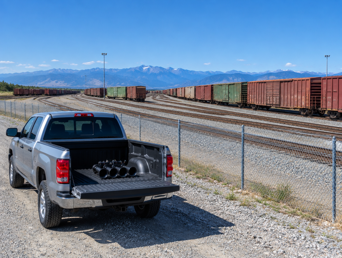 Pickup truck with a five-trumpet horn in its open bed, parked beside a sunny freight yard full of boxcars.