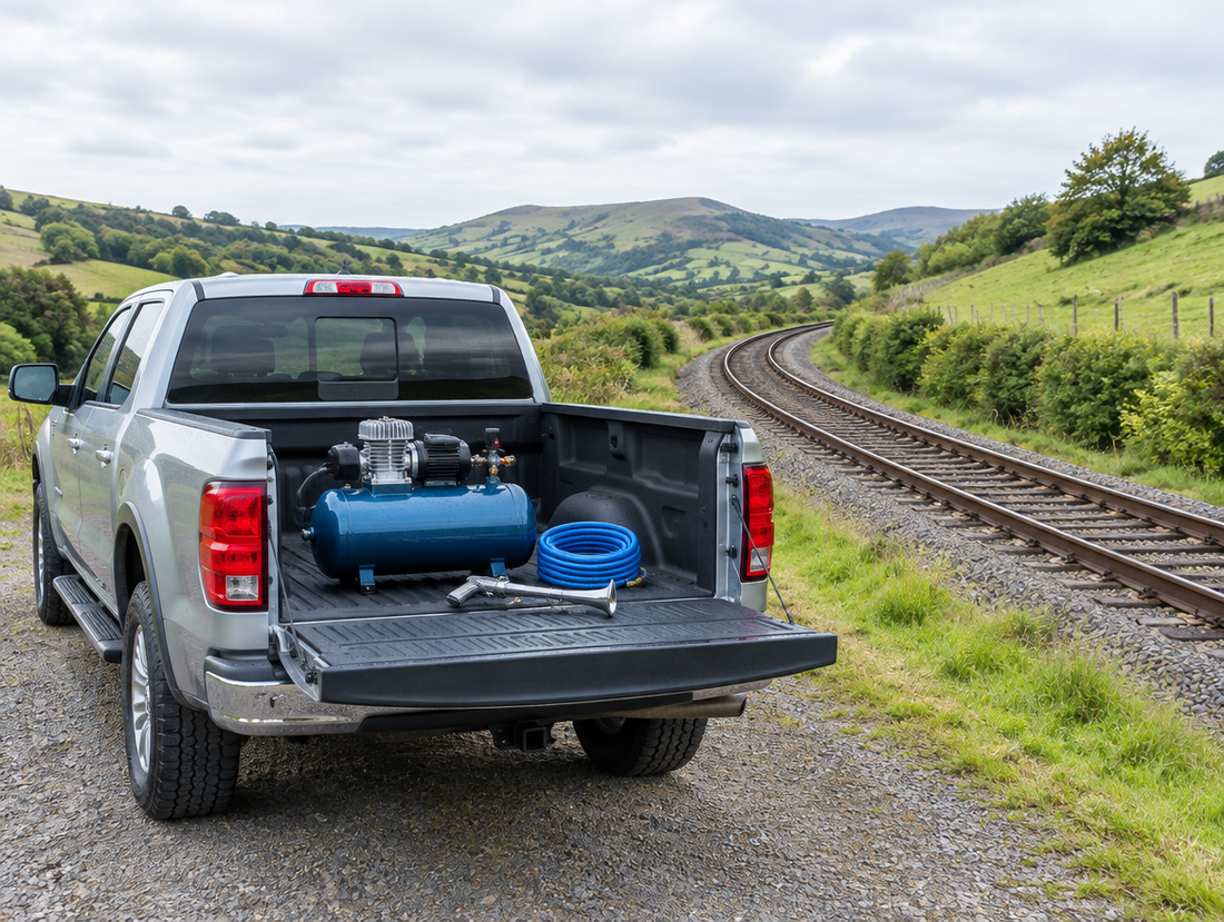 A pickup truck with a horn gun and air tank on its tailgate, beside a single-track railway curving through green hills.